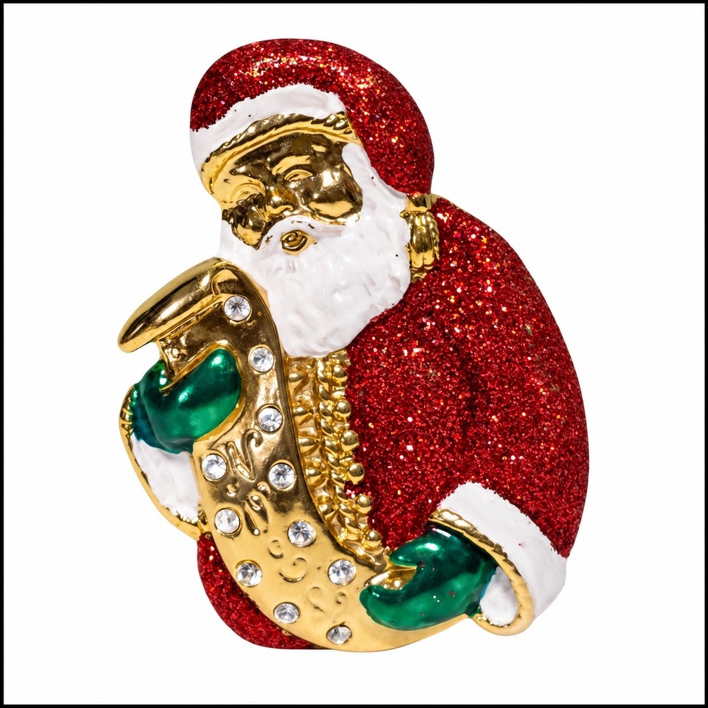 SFJ Christmas Santa Claus Brooch Red Glitter Enamel Rhinestone Gold Tone Pin